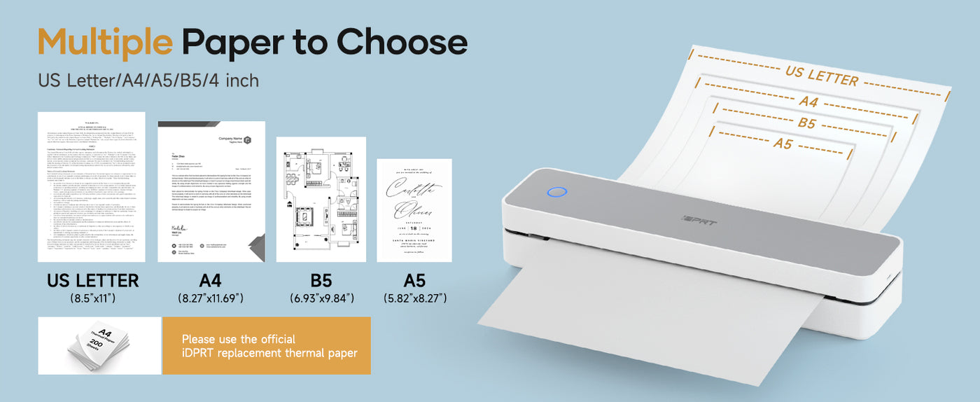 Imprimante Thermique Portable IDPRT MT610 A4 - Sans Encre, Rechargeable - Compatible Smartphone & PC Via Bluetooth/USB