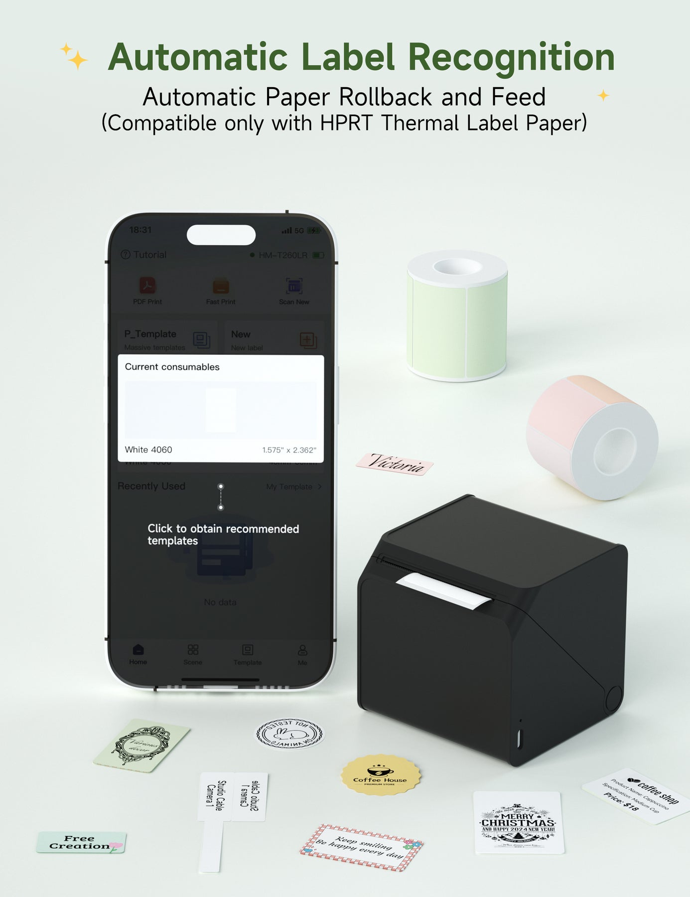 HPRT T260LR Bluetooth Portable Thermal Label Maker with 1 Roll Sticker ...