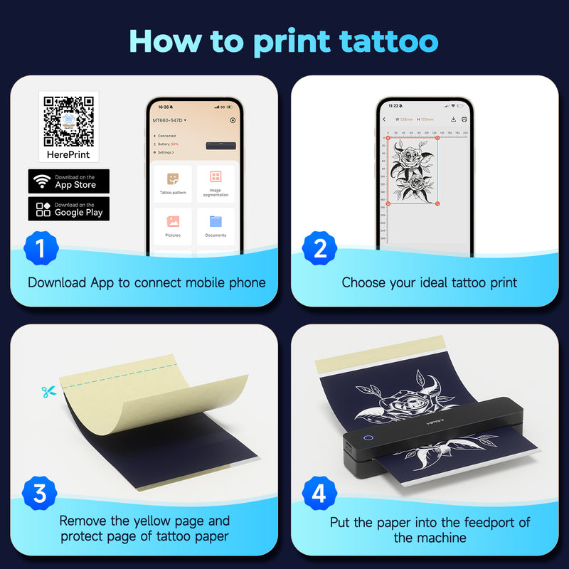 HPRT Wireless Tattoo Stencil Printer with 10 Transfer Sheets – Portable Thermal Tattoo Printer for Artists & Beginners (Black)