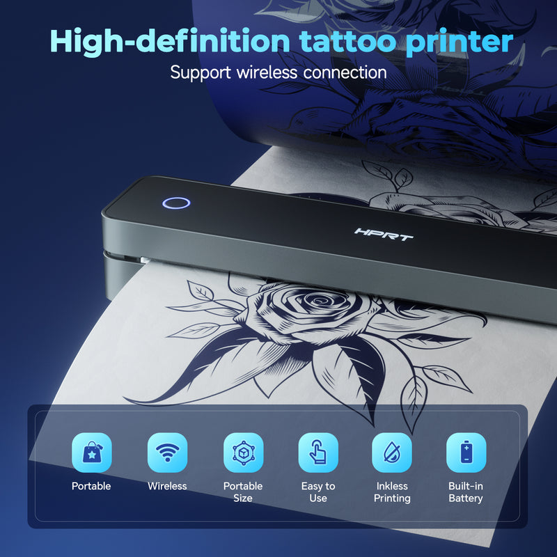 HPRT Wireless Tattoo Stencil Printer with 10 Transfer Sheets – Portable Thermal Tattoo Printer for Artists & Beginners (Black)